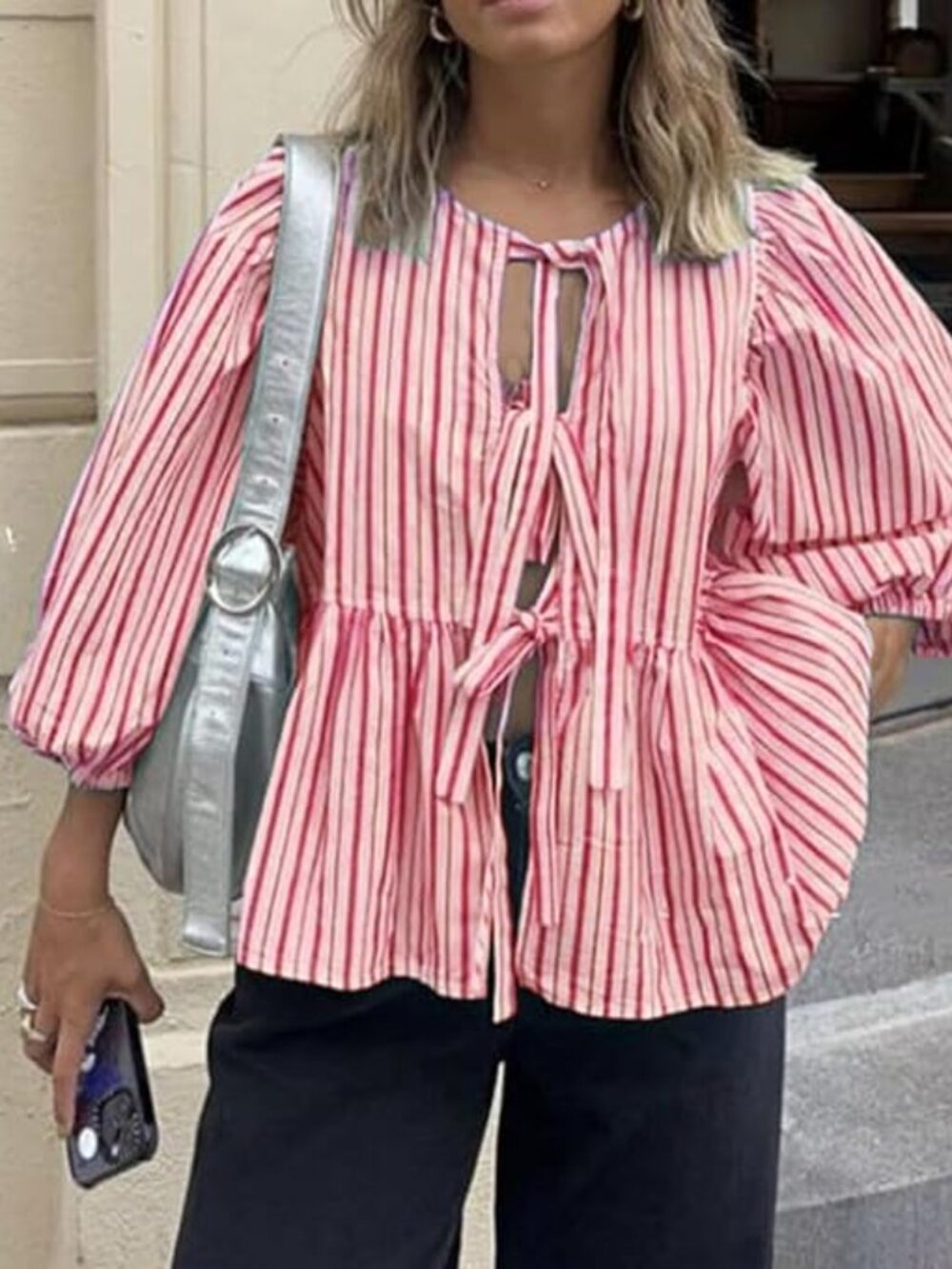 Pink Striped Tie Front Top